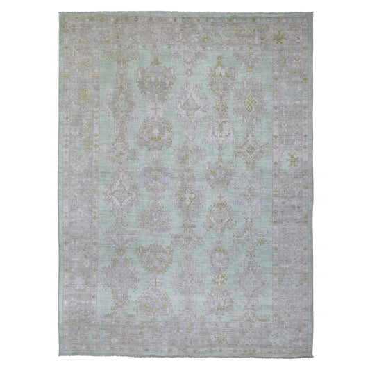 Oushak And Peshawar Wool Hand Knotted Rug Green Grey 9.9X13.2 -O067199