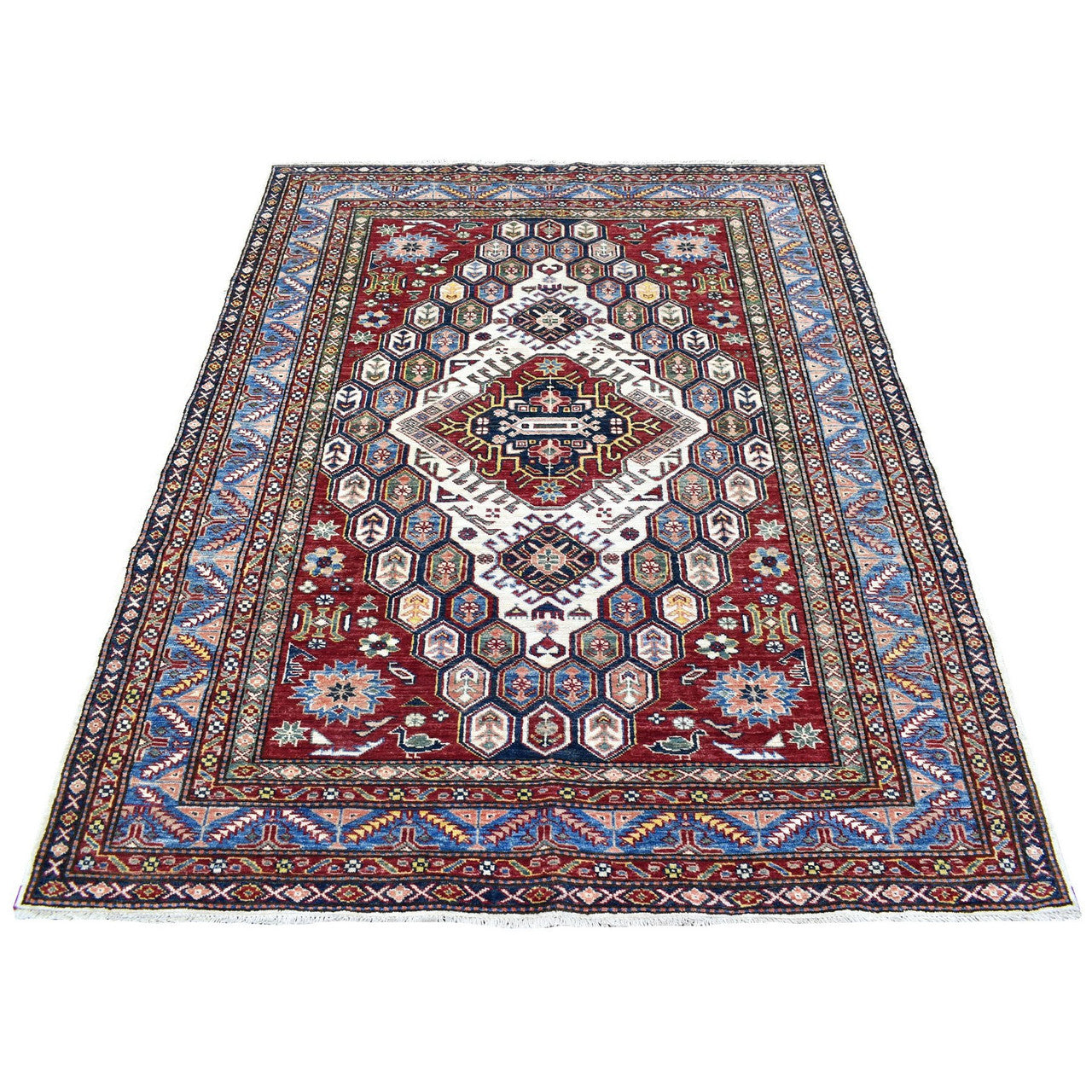Ivory 5'0" x 6'5" Kazak Hand knotted Wool Rug - Sku: O067628
