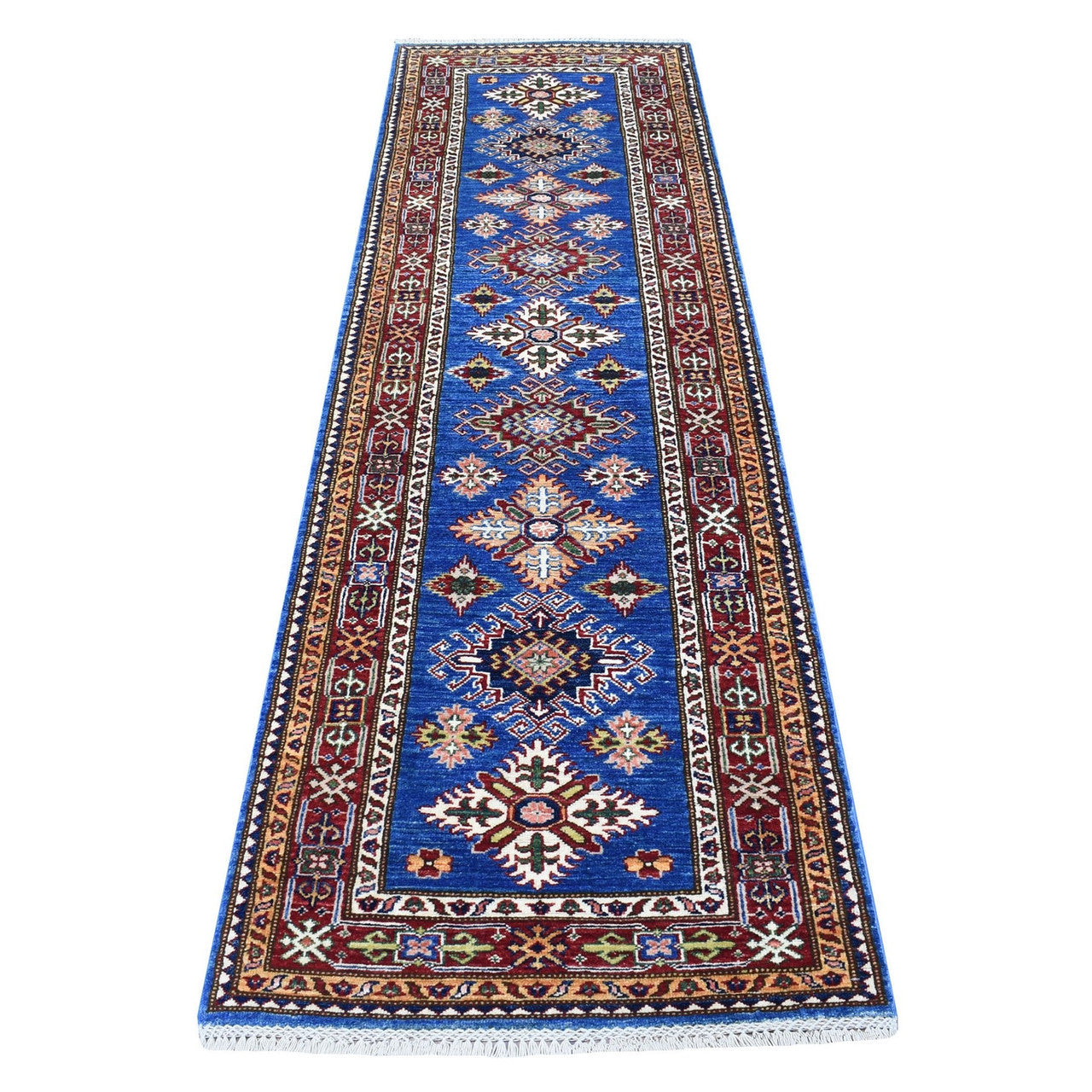 Blue 2'7" x 8'7" Kazak Hand knotted Wool Rug - Sku: O067660