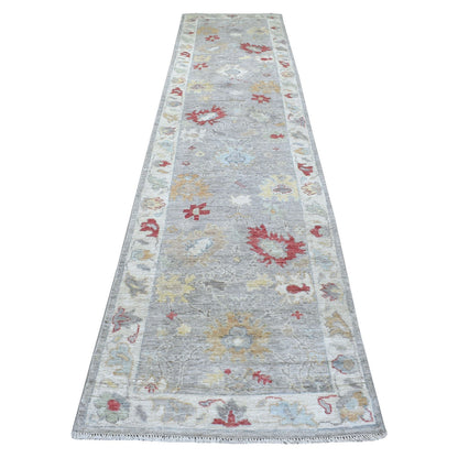 Oushak And Peshawar Wool Hand Knotted Rug Grey Ivory 3.0X13.5 -O067709