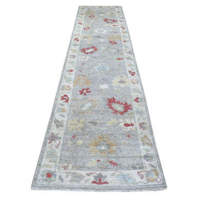 Oushak And Peshawar Wool Hand Knotted Rug Grey Ivory 3.0X13.5 -O067709