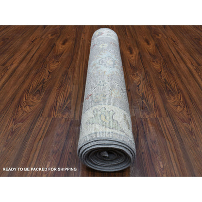 Oushak And Peshawar Wool Hand Knotted Rug Grey Ivory 3.0X13.5 -O067709