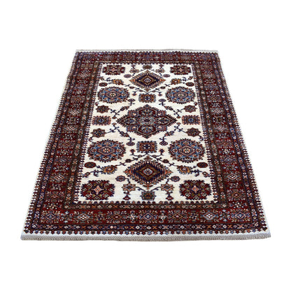 Kazak Wool Hand Knotted Rug Ivory Red 3.10X5.0 -O067723