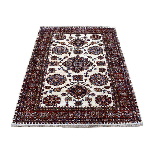 Kazak Wool Hand Knotted Rug Ivory Red 3.10X5.0 -O067723