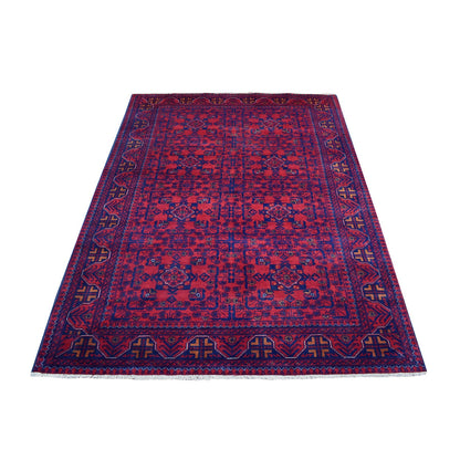Tribal & Geometric Wool Hand Knotted Rug Red Navy Blue 4.2X6.5 -O067803