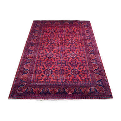 Tribal & Geometric Wool Hand Knotted Rug Red Navy Blue 4.1X5.9 -O067811
