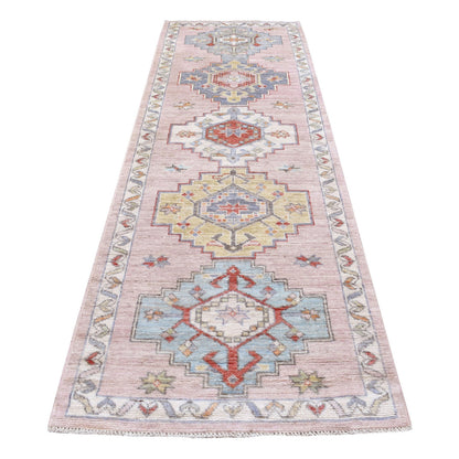 Tribal & Geometric Wool Hand Knotted Rug Pink Ivory 3.4X10.1 -O068043