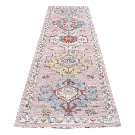 Tribal & Geometric Wool Hand Knotted Rug Pink Ivory 3.4X10.1 -O068043