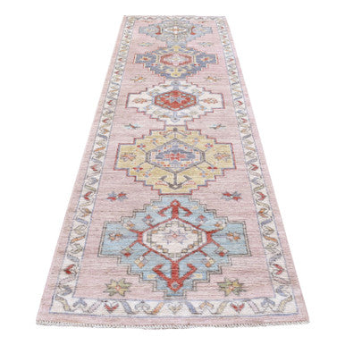 Tribal & Geometric Wool Hand Knotted Rug Pink Ivory 3.4X10.1 -O068043