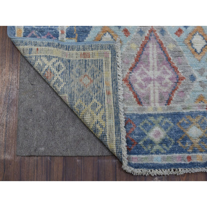 Tribal & Geometric Wool Hand Knotted Rug Blue Denim Blue 3.0X12.0 -O068045