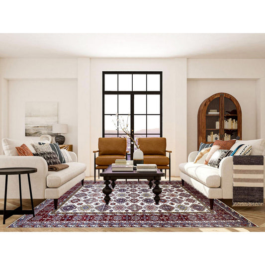 Kazak Wool Hand Knotted Rug Ivory Dark Red 9.1X12.4 -O068224