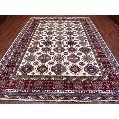 Kazak Wool Hand Knotted Rug Ivory Dark Red 9.1X12.4 -O068224