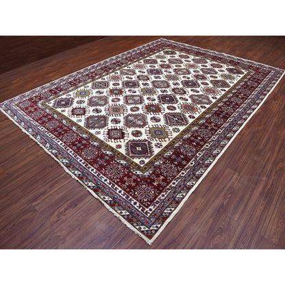Kazak Wool Hand Knotted Rug Ivory Dark Red 9.1X12.4 -O068224