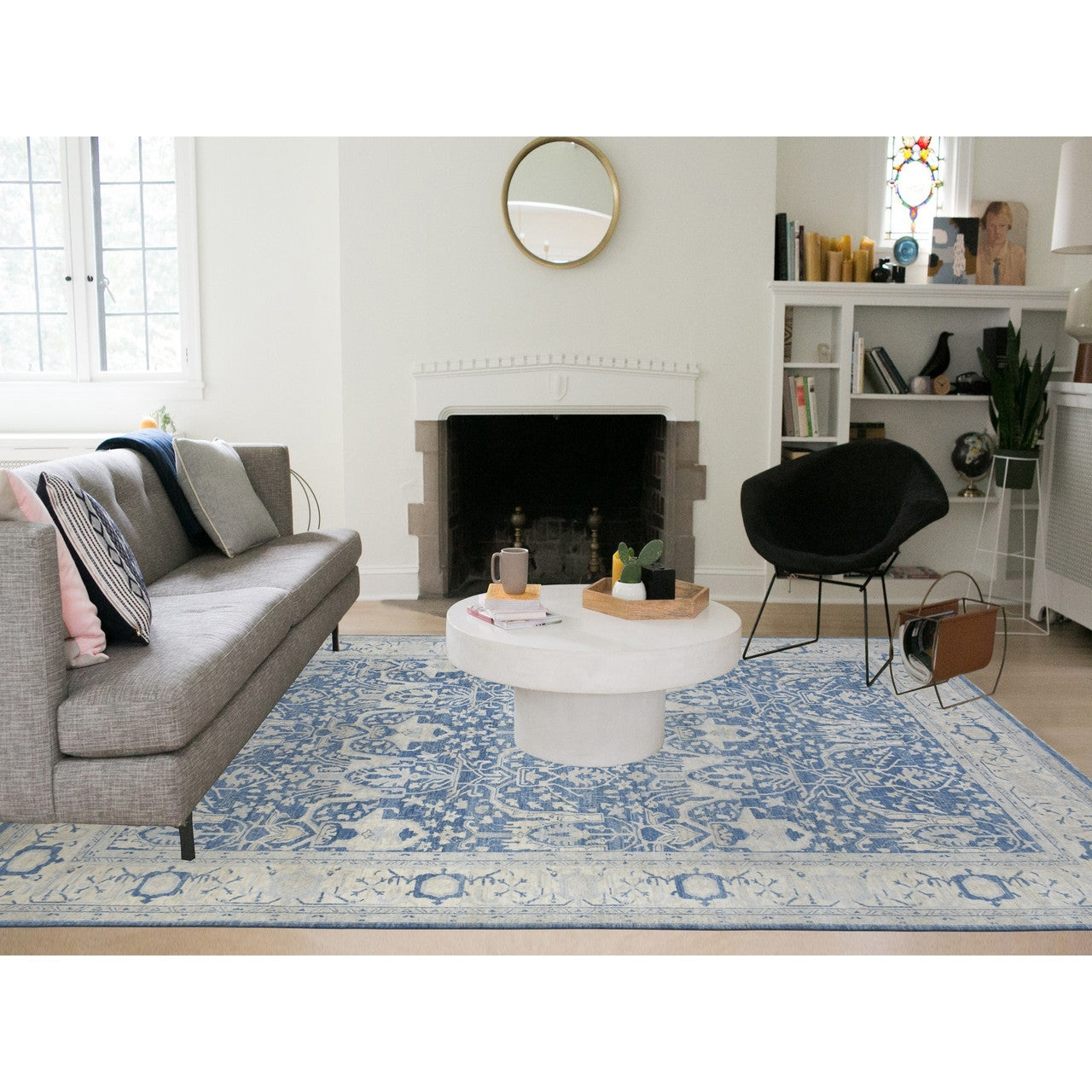 Oushak And Peshawar Wool Hand Knotted Rug Blue Ivory 9.8X13.5 -O068324