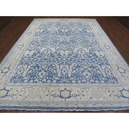 Oushak And Peshawar Wool Hand Knotted Rug Blue Ivory 9.8X13.5 -O068324
