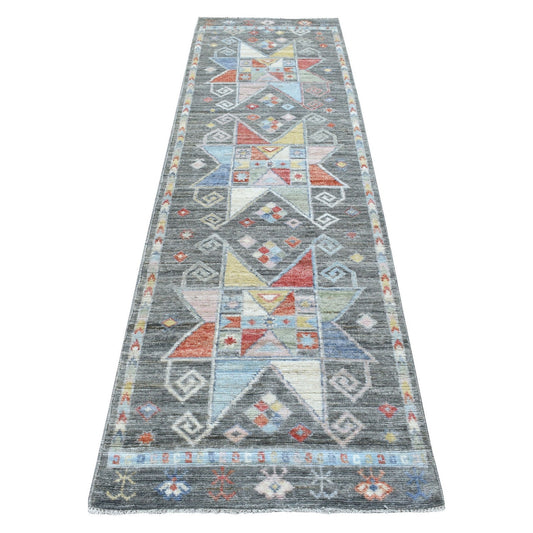 Tribal & Geometric Wool Hand Knotted Rug Grey No Border 2.8X9.7 -O068337