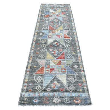 Tribal & Geometric Wool Hand Knotted Rug Grey No Border 2.8X9.7 -O068337