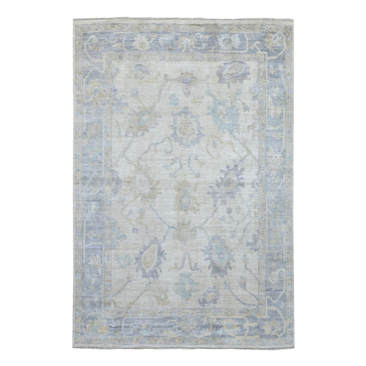 Oushak And Peshawar Wool Hand Knotted Rug Ivory Blue 5.10X8.9 -O068363