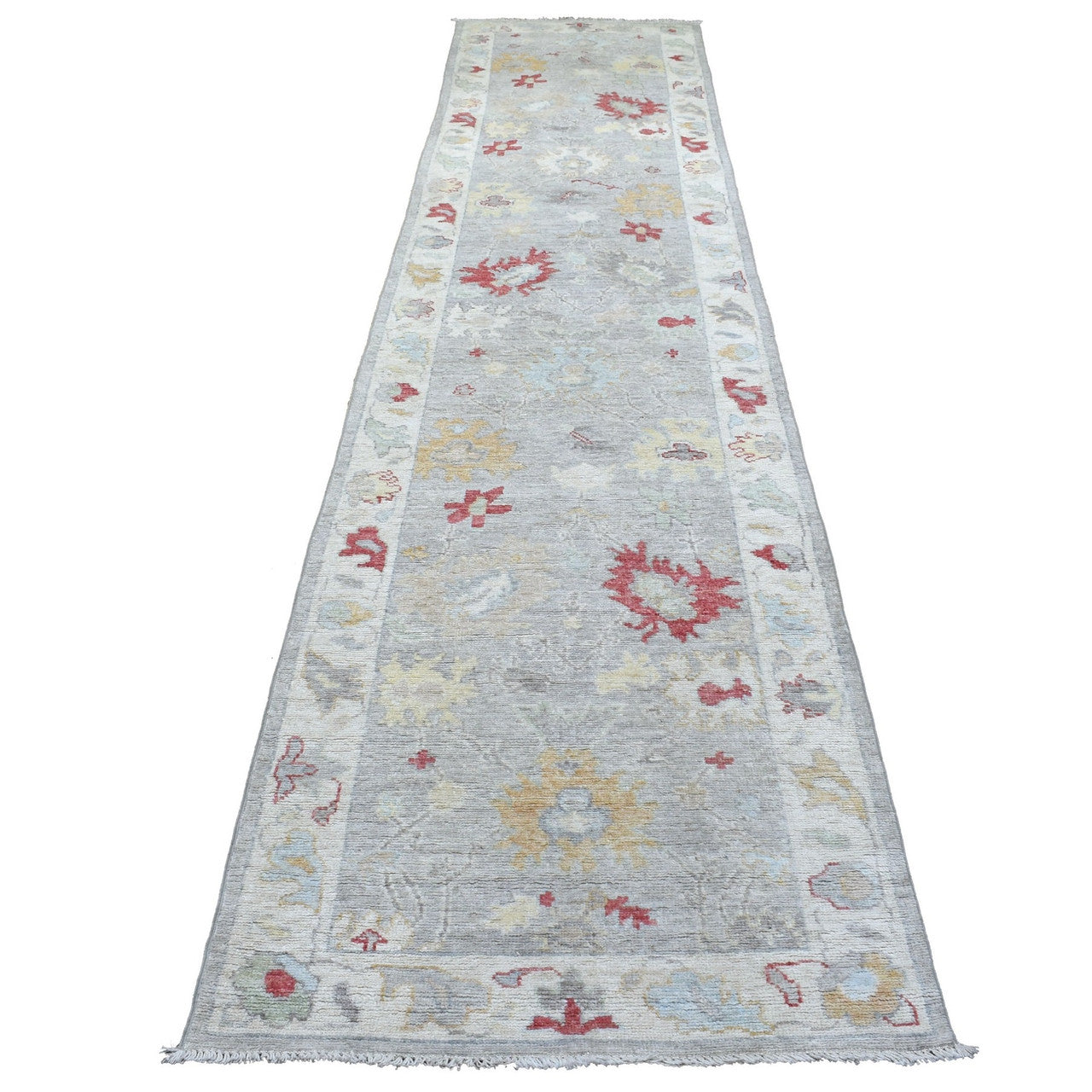 Gray 3'0" x 13'5" Oushak And Peshawar Light Hand knotted Wool Rug - Sku: O068396