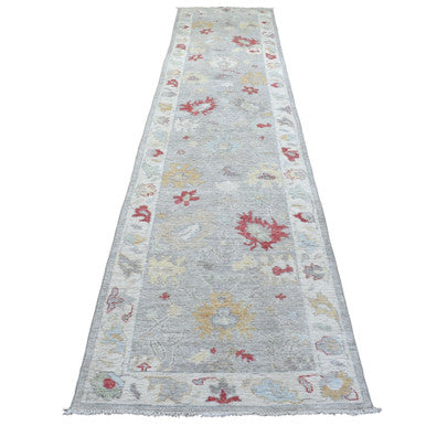 Oushak And Peshawar Wool Hand Knotted Rug Grey Light Gray 3.0X13.5 -O068396