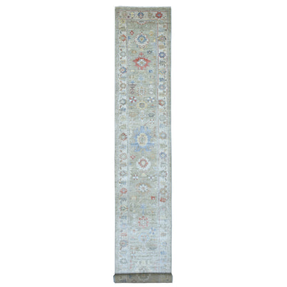 Oushak And Peshawar Wool Hand Knotted Rug Grey Ivory 2.7X17.5 -O068405