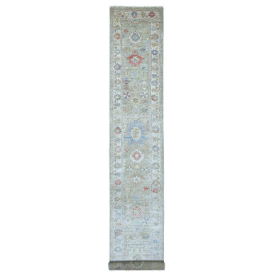 Oushak And Peshawar Wool Hand Knotted Rug Grey Ivory 2.7X17.5 -O068405