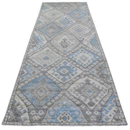 Tribal & Geometric Wool Hand Knotted Rug Grey No Border 4.0X11.7 -O068604