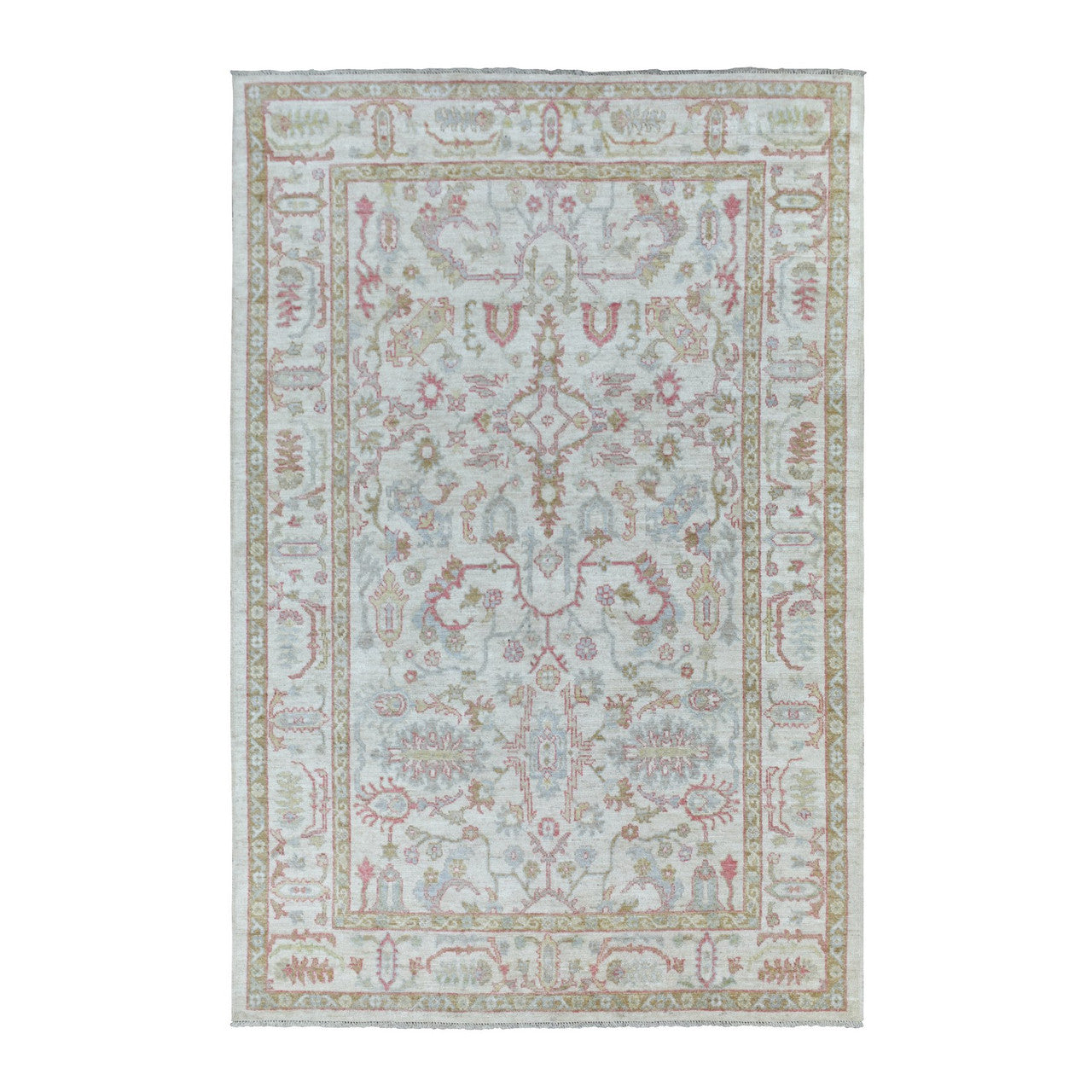 Ivory 6'4" x 9'6" Oushak And Peshawar Hand knotted Wool Rug - Sku: O068921