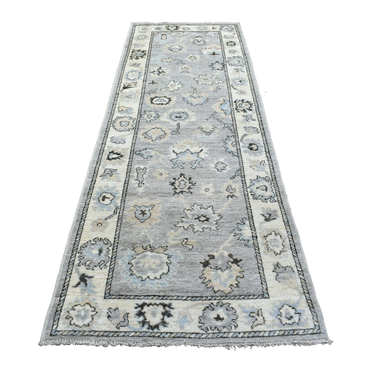 Gray 3'5" x 10'2" Oushak And Peshawar Hand knotted Wool Rug - Sku: O068967
