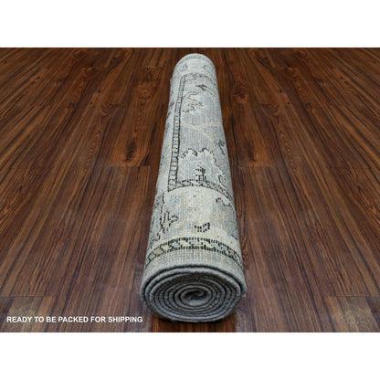 Oushak And Peshawar Wool Hand Knotted Rug Grey Ivory 3.5X10.2 -O068967