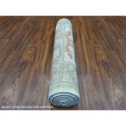 Oushak And Peshawar Wool Hand Knotted Rug Ivory Gray 2.9X9.5 -O068982