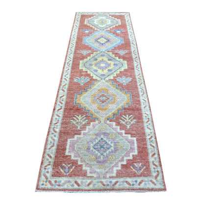 Oushak And Peshawar Wool Hand Knotted Rug Red Ivory 2.10X9.6 -O068985