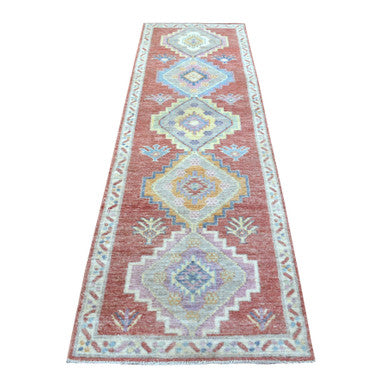 Oushak And Peshawar Wool Hand Knotted Rug Red Ivory 2.10X9.6 -O068985