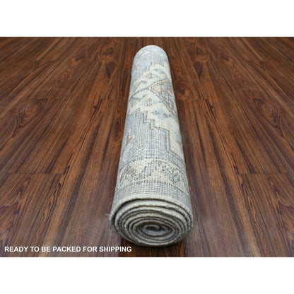 Tribal & Geometric Wool Hand Knotted Rug Grey Ivory 3.0X10.0 -O069073