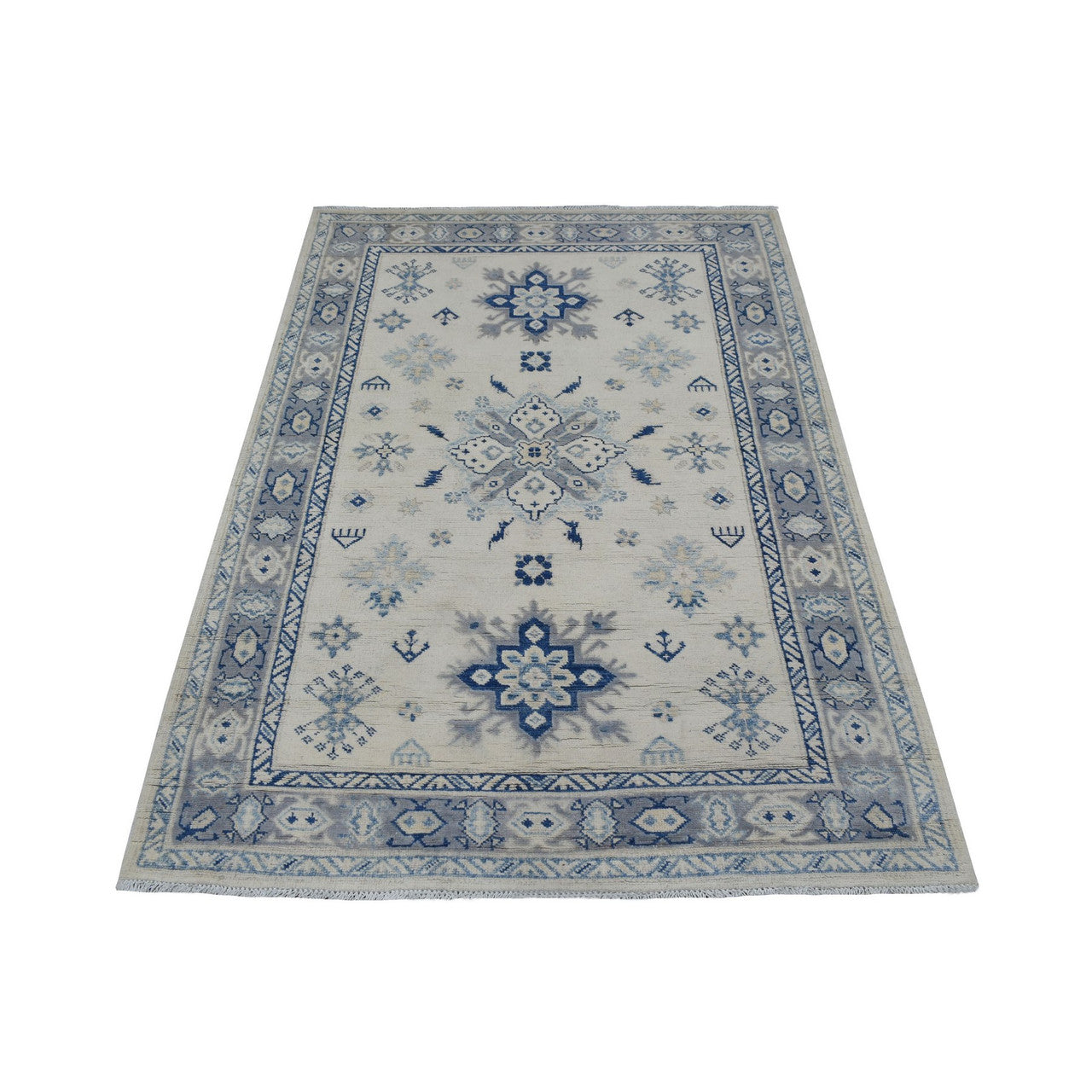 Kazak Wool Hand Knotted Rug Ivory Gray 3.9X5.9 -O069302