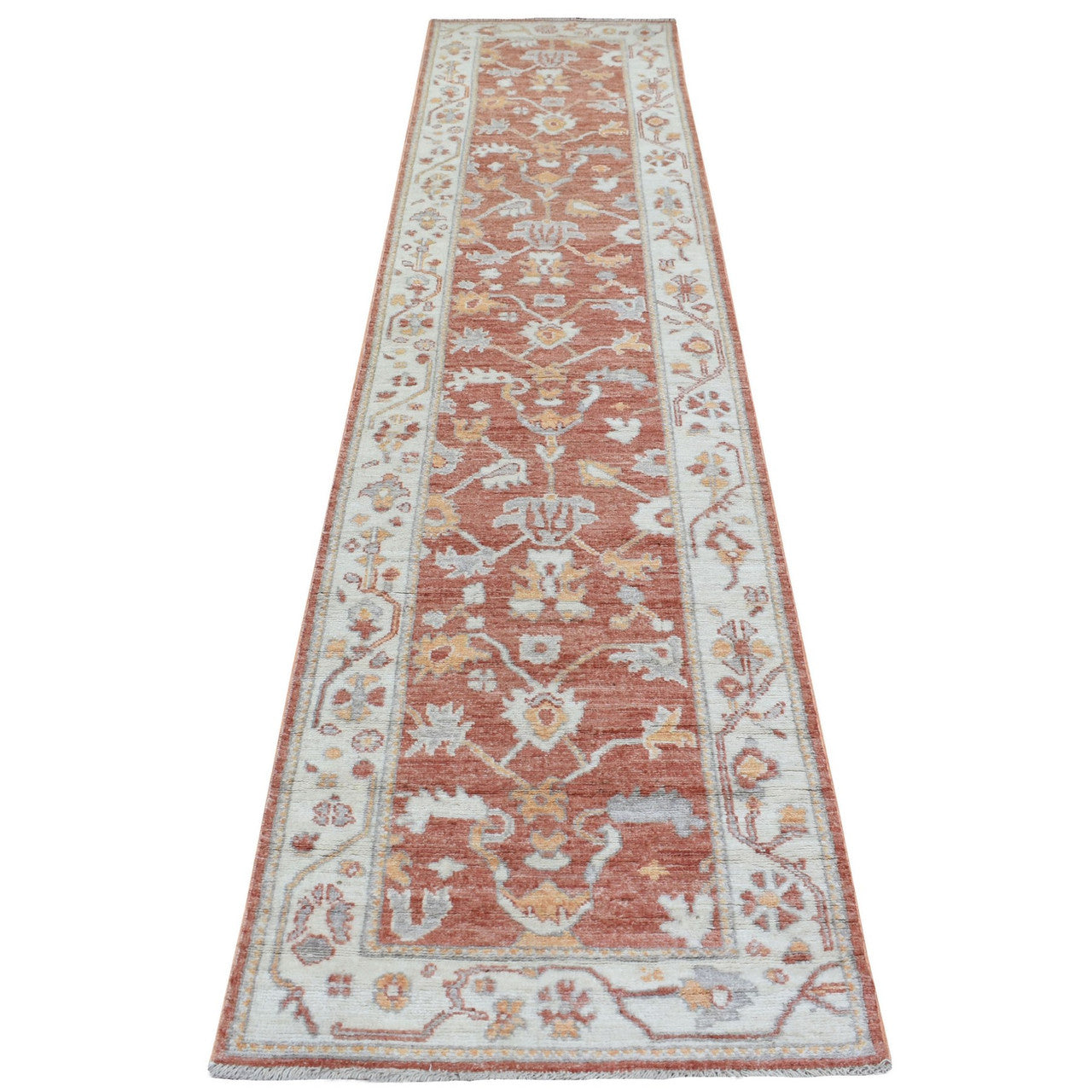Oushak And Peshawar Wool Hand Knotted Rug Orange Ivory 2.8X12.0 -O069391