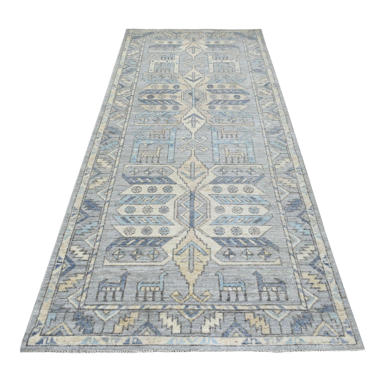 Gray 4'1" x 9'9" Tribal & Geometric Hand knotted Wool Rug - Sku: O069503