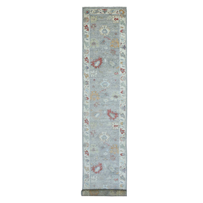 Oushak And Peshawar Wool Hand Knotted Rug Grey Ivory 3.1X17.6 -O069604