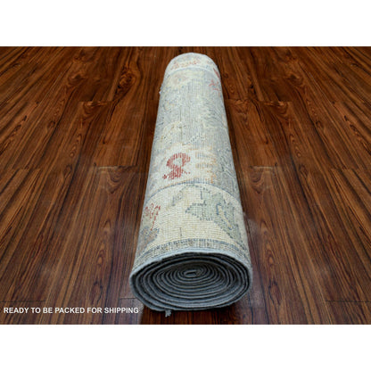 Oushak And Peshawar Wool Hand Knotted Rug Grey Ivory 3.1X17.6 -O069604