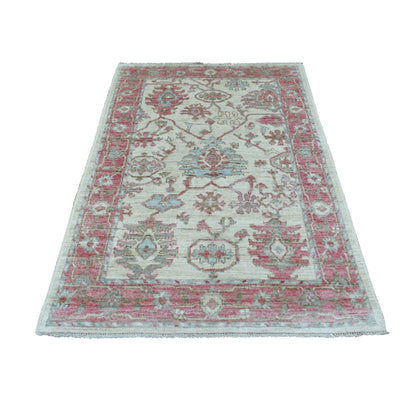 Oushak And Peshawar Wool Hand Knotted Rug Ivory Red 4.1X5.10 -O069819
