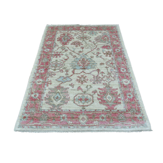 Oushak And Peshawar Wool Hand Knotted Rug Ivory Red 4.1X5.10 -O069819