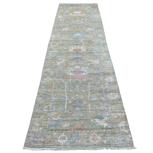 Oushak And Peshawar Wool Hand Knotted Rug Green Lime Green 3.0X11.7 -O069848
