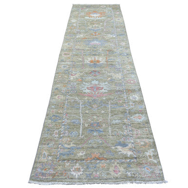 Oushak And Peshawar Wool Hand Knotted Rug Green Lime Green 3.0X11.7 -O069848
