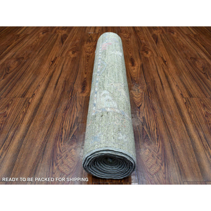 Oushak And Peshawar Wool Hand Knotted Rug Green Lime Green 3.0X11.7 -O069848