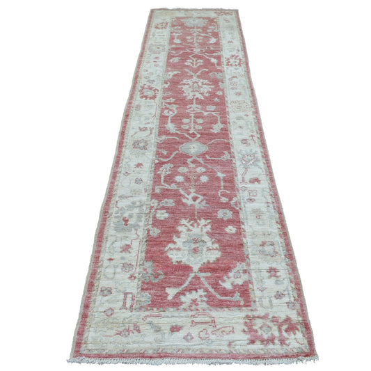 Oushak And Peshawar Wool Hand Knotted Rug Red Ivory 2.9X11.6 -O069854
