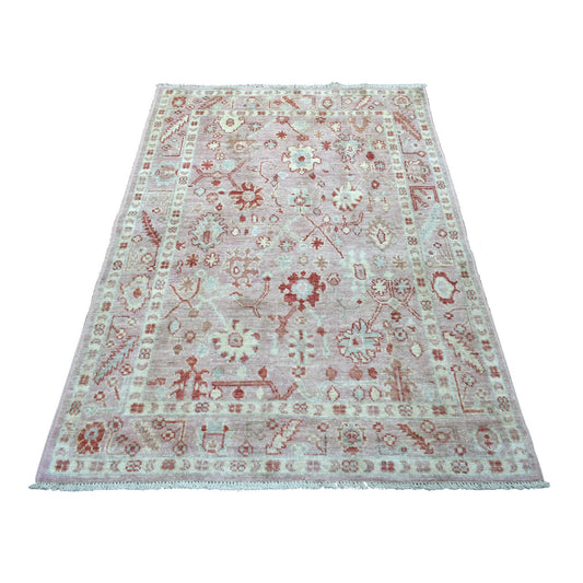 Oushak And Peshawar Wool Hand Knotted Rug Pink Coral Pink 4.1X5.10 -O069946