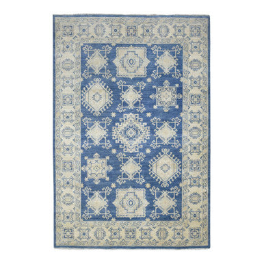 Oushak And Peshawar Wool Hand Knotted Rug Blue Ivory 6.0X8.8 -O070004
