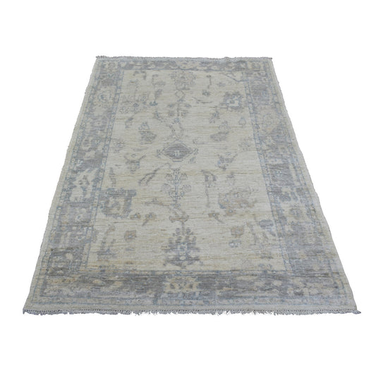 Oushak And Peshawar Wool Hand Knotted Rug Ivory Blue 4.0X6.0 -O070040
