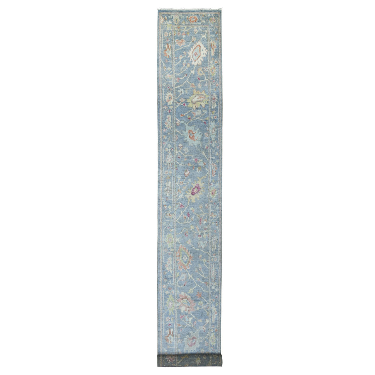 Blue 2'6" x 19'2" Oushak And Peshawar Denim Hand knotted Wool Rug - Sku: O070052