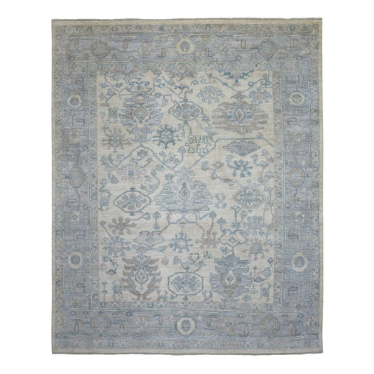 Oushak And Peshawar Wool Hand Knotted Rug Ivory Blue 7.10X10.0 -O070072